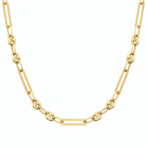 The 14K Solid Gold Paperclip & Puffed Mariner Anchor Link Chain Necklace showcases a striking combination of oval and elongated rectangular links, crafted in a distinctive paperclip and puffed mariner anchor link pattern. Its design is both simple and elegant, with a clean and polished finish.