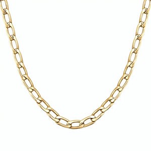 The 14K Real Gold Cuban Curb Link Chain Necklace, featuring elongated links, is showcased against a plain white background. It forms a U shape, emphasizing its simple yet elegant design—ideal for both men and women.