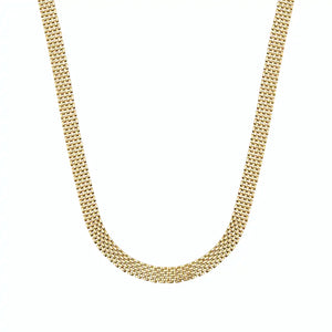 A close-up image highlights a 14K real solid gold Bismarck chain necklace for men, featuring a textured, woven design. The necklace is elegantly arranged in a gentle loop against a plain white background.