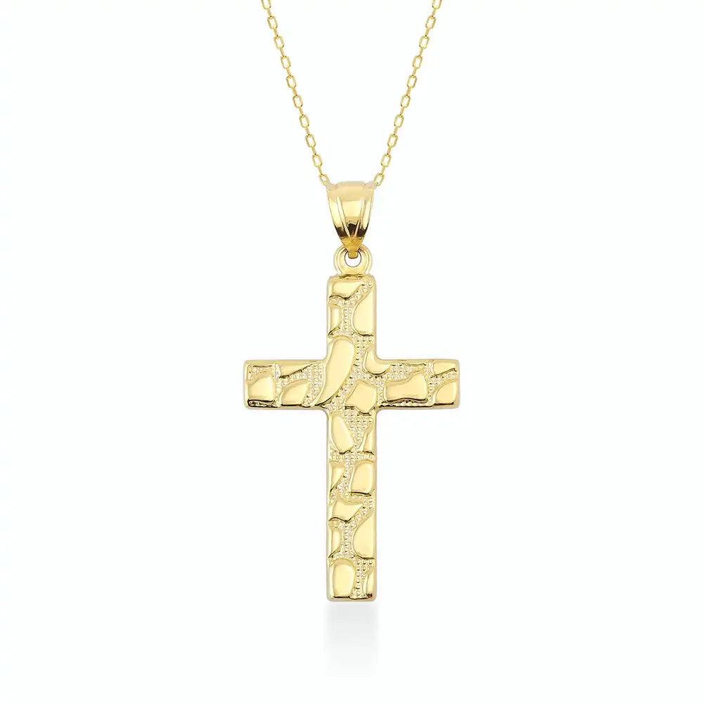 14K Solid Gold Nugget Texture Cross Necklace for Men