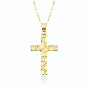 The 14K Solid Gold Nugget Texture Cross Necklace for Men showcases a textured design on a solid gold cross, exemplifying Christian jewelry elegance as it hangs from a delicate chain against a plain white background.