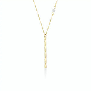 The RundaJewelryUs 14K Gold Twisted Vertical Bar Diamond Necklace highlights a delicate solid gold chain featuring a small, genuine diamond pendant on one side, paired with a textured vertical gold bar pendant that gracefully hangs in the center against a plain white background.