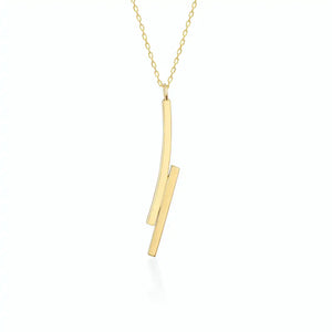 14k Solid Gold Minimal Bar Diamond Necklace by RundaJewelryUs, highlighting a minimalist pendant design with two elongated, intersecting bars on a delicate chain, elegantly displayed against a plain white background.