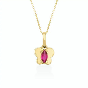 Presenting the 14K Gold Tiny Ruby Butterfly Necklace, this piece features a marquise-cut pink gemstone at the center of its butterfly-shaped pendant. The necklace boasts a delicate chain that completes its graceful design, exemplifying sustainable jewelry craftsmanship against a plain white backdrop.