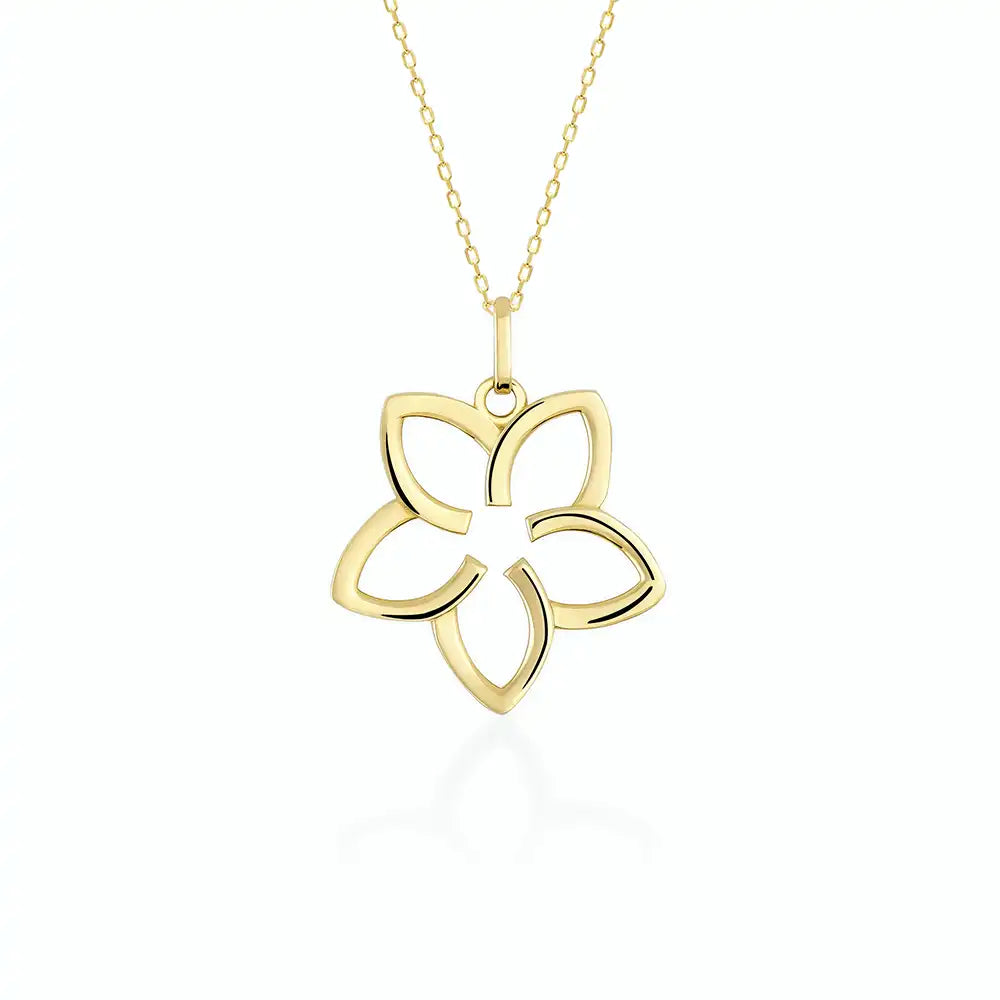 The 14K Gold Plumeria Necklace by RundaJewelryUs features a delicate pendant with a five-petal floral outline, crafted in authentic 14k gold.