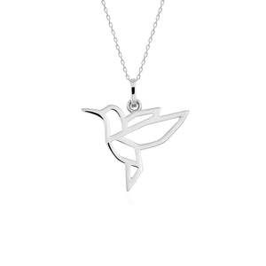 A 14K solid gold bird necklace featuring a geometric hummingbird pendant on an elegant chain. This origami freedom symbol necklace is crafted with clean lines and minimalist style, making it ideal for those who appreciate animal-inspired jewelry.