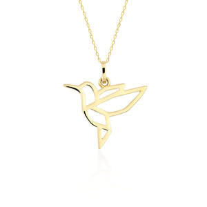 A 14K solid gold bird necklace featuring a geometric hummingbird pendant on an elegant chain. This origami freedom symbol necklace is crafted with clean lines and minimalist style, making it ideal for those who appreciate animal-inspired jewelry.