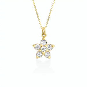 A 14K gold chain necklace from RundaJewelryUs, featuring a pendant shaped like a flower, crafted from six small round diamonds.