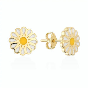 14K Gold Daisy Stud Earrings: These beautiful earrings, shaped like daisies with a yellow center, are crafted from 14K gold and feature detailed petals and a secure butterfly back closure.