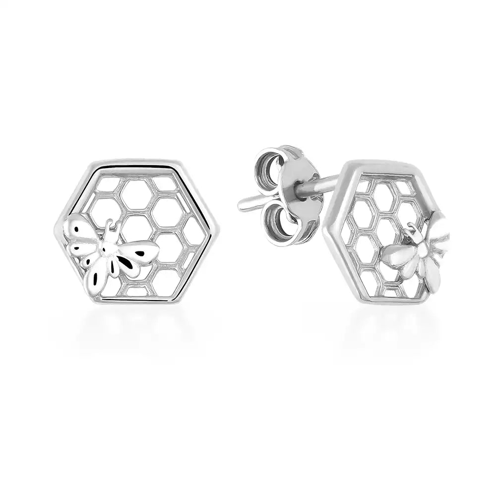 Pendientes hexagonales con forma de abeja y panal de oro de 14 quilates