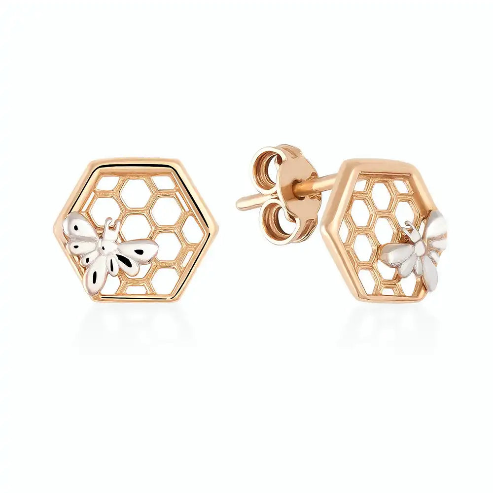 Pendientes hexagonales con forma de abeja y panal de oro de 14 quilates