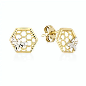 Introducing the 14K Gold Honeycomb Bee Hexagon Stud Earrings by RundaJewelryUs, featuring geometric honeycomb patterns with silver butterfly accents. One earring displays the bee stud front view, while the other offers a side perspective, highlighting both the stud and clasp.