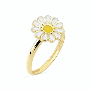 Explore an ideal jewelry gift for her: the 14K Gold Daisy Ring, featuring delicate white petals and a vibrant yellow center. This stunning ring reflects nature's beauty with timeless elegance.