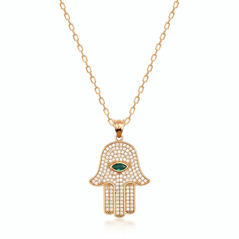 Collar de Hamsa con esmeralda en oro macizo de 14 quilates