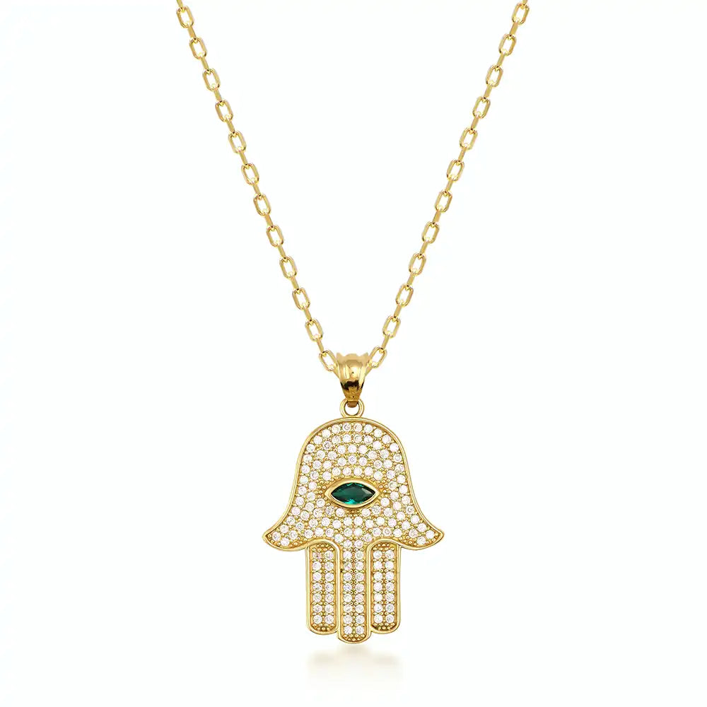 14K Solid Gold Emerald Hamsa Necklace