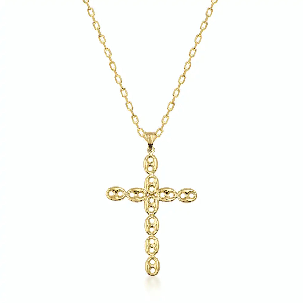 14K Solid Gold Puffed Anchor Mariner Cross Necklace for Men