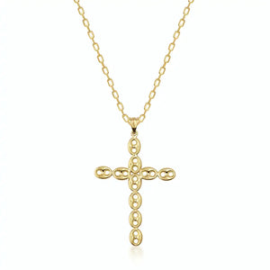 The 14K Solid Gold Puffed Anchor Mariner Cross Necklace for Men showcases a cross pendant adorned with delicate, oval-shaped patterns. This exquisite piece of Christian jewelry gracefully sits on a classic chain, highlighted against a white background.