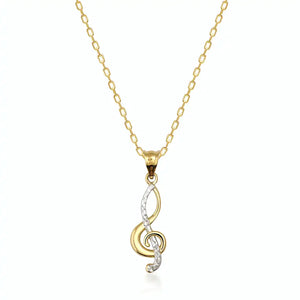 The 14K Solid Gold Treble Clef Necklace by RundaJewelryUs features a striking pendant that artfully combines gold and silver tones, making it an elegant piece of music-themed jewelry that stands out beautifully against a white background.