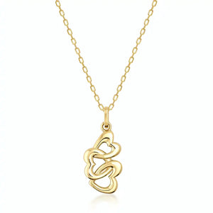 The 14K Solid Gold Trio Heart Pendant Necklace by RundaJewelryUs is crafted in 14K yellow gold and features a pendant with three interlocking heart shapes. The elegant design is suspended from a delicate chain, highlighting the shiny gold finish with a commitment to sustainable methods.