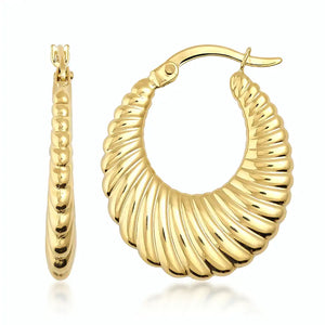 A pair of 14K Real Gold Shrimp Hoop Earrings features a chunky design with a ribbed texture. One earring is showcased from the side, while the other faces forward, emphasizing the intricate details of this statement accessory.