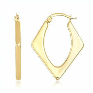 A pair of 14K Real Gold Triangle Geometric Hoop Earrings from RundaJewelryUs is displayed. One earring shows the front view with a hinged clasp, while the other reveals the side view, emphasizing the earrings' sleek design that adds an elegant touch to any outfit.