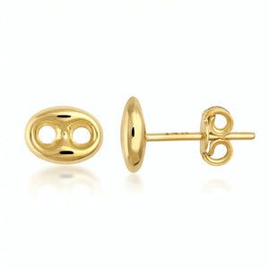 Displayed against a plain background, the 14K Solid Gold Puffed Mariner Anchor Stud Earrings feature an oval shape with two cut-out circles. These polished, nautical-inspired earrings exude timeless elegance, shown from both side and front views.