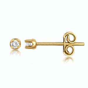 A pair of sophisticated 14K Solid Gold 2.50 mm Stud Earrings, showcasing a single round-cut diamond secured in a sleek prong setting. One earring presents the front view of the diamond, while the other reveals both the back and butterfly clasp against a plain white background.