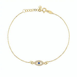 The 14K Solid Gold Evil Eye Bracelet showcases an eye-shaped charm adorned with blue and clear gemstones. Designed for protection, this bracelet falls within the category of evil eye jewelry and includes an adjustable clasp with several loops to ensure a perfect fit.