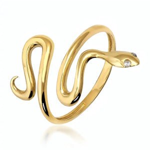 The 14K Solid Gold Snake Ring is an exquisite piece crafted in the shape of a handmade serpent with a sleek, curving form and tiny gemstone eyes, providing a sophisticated and elegant appearance. Discover the charm of authentic gold jewelry in this enchanting design.