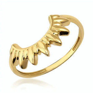 The 14K Solid Gold Sun Celestial Ring is a minimalist piece with multiple leaf-shaped elements along the top, mimicking a crown-like appearance on a plain band, elegantly displayed against a white background.