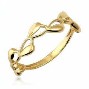 The 14K Solid Gold Floral Leaf Valentines Ring boasts a delicate and elegant design with interlocking floral leaf patterns around the band, making it an ideal choice for those who appreciate nature-inspired jewelry.