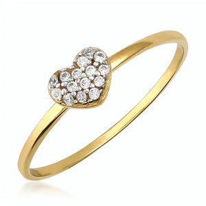 Introducing the 14K Solid Gold Heart Shaped Gemstone Ring, featuring a stunning heart-shaped design adorned with small, sparkling cubic zirconia gemstones on a pristine white backdrop.