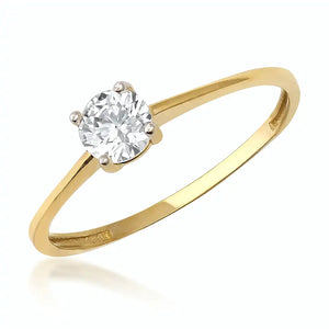 The 14K Solid Gold Zirconia Gemstone Solitaire Ring is artfully crafted with a single round-cut zirconia stone set in a classic prong setting, elegantly showcased against a white background.