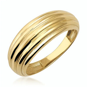 Introducing the 14K Solid Gold Ribbed Dome Graduating Ring, this exquisite piece boasts a lustrous polished finish and a distinctive triple ridge design on the band, showcasing its chunky gold elegance against a white background.