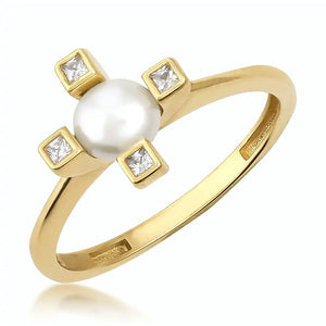 Explore the Elegance Collection's exquisite 14K Solid Gold Dainty Natural Pearl Ring, showcasing a central pearl beautifully encircled by four square-cut stones reminiscent of diamonds, forming a cross pattern with the pearl at its heart. Its sleek and polished band enhances the minimalist wedding band aesthetic with timeless sophistication.