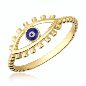 Introducing the 14K Gold Evil Eye Ring, Enamel Good Luck Ring: a breathtaking piece of real gold jewelry with an eye-catching eye design and a mesmerizing blue center. The band features a textured finish accented by small, spike-like details encircling the eye, evoking the mystical essence of a Nazar Hamsa ring.