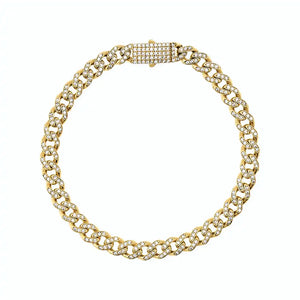 The 14K Gold CZ Gemstone Miami Cuban Chain Bracelet is designed with a rectangular clasp embellished with shimmering gemstones. This unisex jewelry piece is beautifully displayed in a circular arrangement on a simple white background, making it a classic accessory for any occasion.