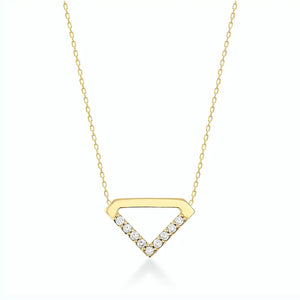 The 14K Gold Triangle Symbol Pendant Necklace by RundaJewelryUs features a triangle charm adorned with a row of small, sparkling diamonds on one side. The delicate chain enhances the minimalistic and elegant design of the centrally hanging pendant.