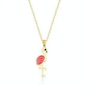 Presenting the 14K Gold Flamingo Necklace, a delightful piece that showcases a flamingo pendant intricately adorned with pink and red enamel for a vibrant appearance. This charming jewelry item is elegantly suspended on a dainty gold link chain, all set against a simple white backdrop.