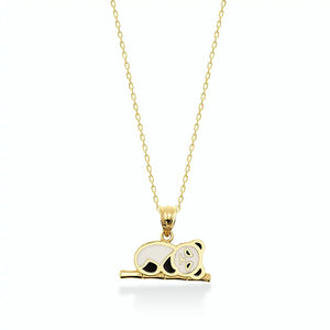 The 14K Gold Panda Necklace perfectly embodies the charm of animal-themed jewelry, featuring a panda with white and black enamel accents resting on a gold branch. Its delicate chain makes it a wonderful gift for her.