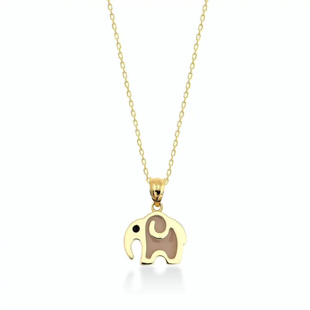 The 14K Solid Gold Elephant Necklace showcases a delicate chain and an elephant-shaped pendant, symbolizing good luck. Its minimalist design is enhanced by a subtle black eye detail, adding both elegance and whimsy to this refined piece of animal jewelry, all set against a pristine white background.