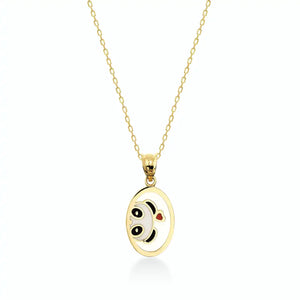 Experience the charm of the 14K Gold Lover Panda Necklace, showcasing a pendant with an adorable panda face in vibrant black, white, and gold tones. A petite red heart embellishes its cheek, gracefully hanging from an elegant gold link chain. The perfect accessory for fans of Cute Animal Jewelry, set against a simple white backdrop.