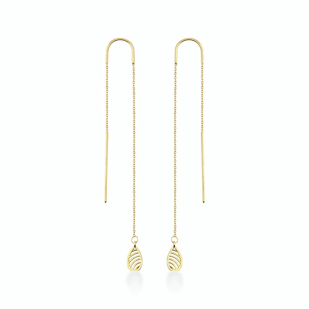 14K Yellow Gold Long Threader Earrings with Leaves