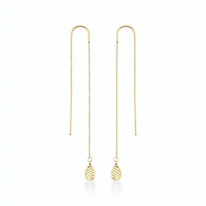 The 14K Yellow Gold Long Threader Earrings with Leaves by RundaJewelryUs feature a delicate chain and leaf-shaped charms at the ends, showcased against a white background.