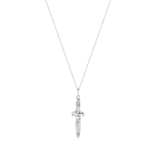 A statement jewelry piece, this 14K solid gold necklace features a detailed Sword-Dagger Pendant elegantly hanging from a delicate chain, set against a white background.