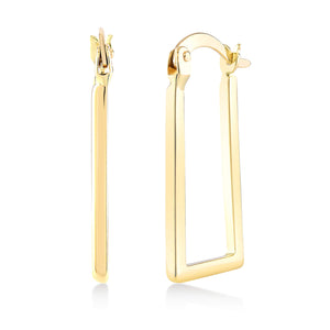 A set of 14K Solid Gold Hoop Rectangle Earrings for Men, designed with a sleek gold finish and crafted with a geometric rectangular shape. They are displayed from both the side and front views, featuring a hinged clasp closure for secure wear.