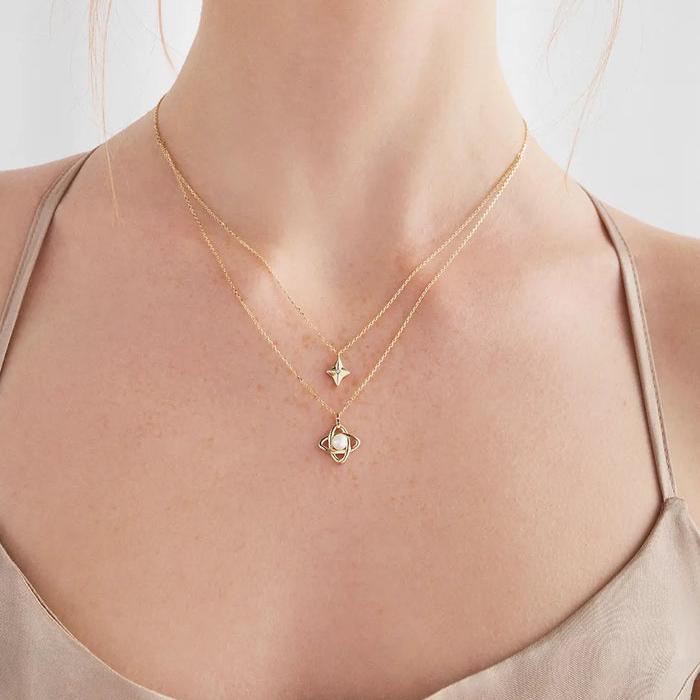 14K Solid Gold Natural Pearl Double Layer Necklace - Elegance Collection