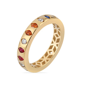 The 14K Solid Gold Diamond Earth Tones Ring from the Chloris Collection showcases lab-grown gemstones in a variety of red, orange, blue, and clear tones arranged in an alternating pattern. The inside surface is distinguished by a unique geometric cut-out design, making it both stylish and hypoallergenic for those with sensitive skin.