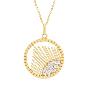 Introducing the 14K Solid Gold Helios Eyes Pendant Necklace from the Helios Collection. This exquisite piece features a circular pendant with a sunburst motif, expertly crafted from genuine 14K solid yellow gold. It radiates beautifully with intricate lines and includes a semicircle adorned with shimmering lab-grown diamonds, elegantly suspended from a delicate gold chain.