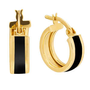 A pair of 14K Solid Gold Black Enamel Round Hoop Earrings from the Moonlight Collection, featuring one with a side view and the other with a full circle profile, elegantly designed and hypoallergenic against a white background.